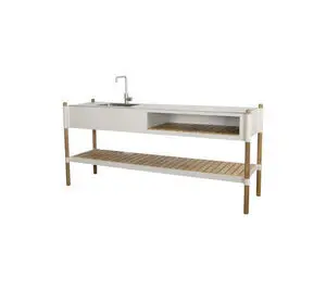 Køkkenmodul med bordplade, vask, armatur. To åbne hylder i teak på ben. Rustfrit stål og aluminium.